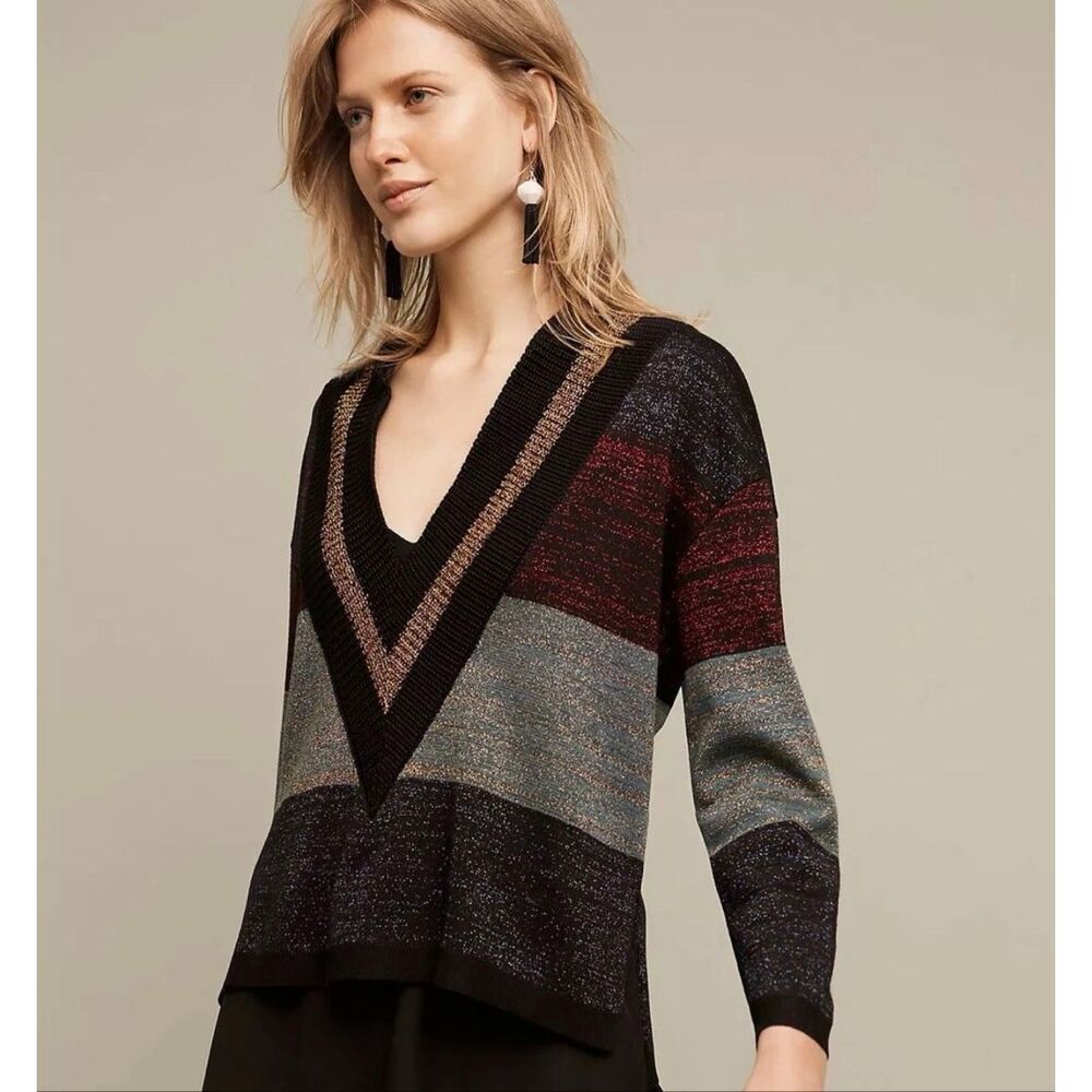 Anthropologie Moth Sweater Amalthea V-Neck Pullover Wool Blend Black Blue Motif